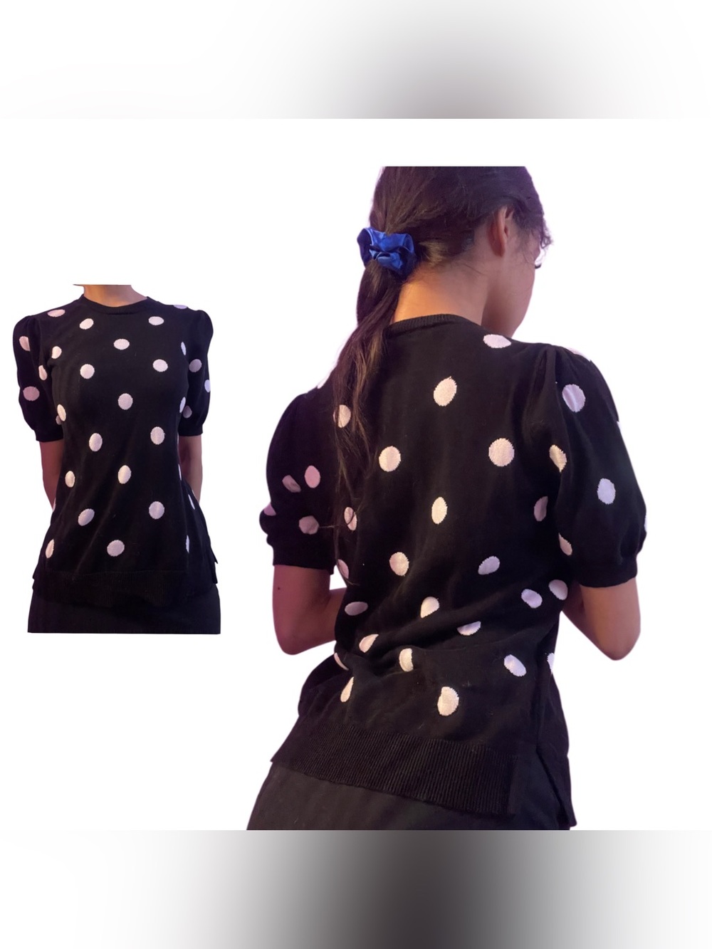 black and white polka dot top